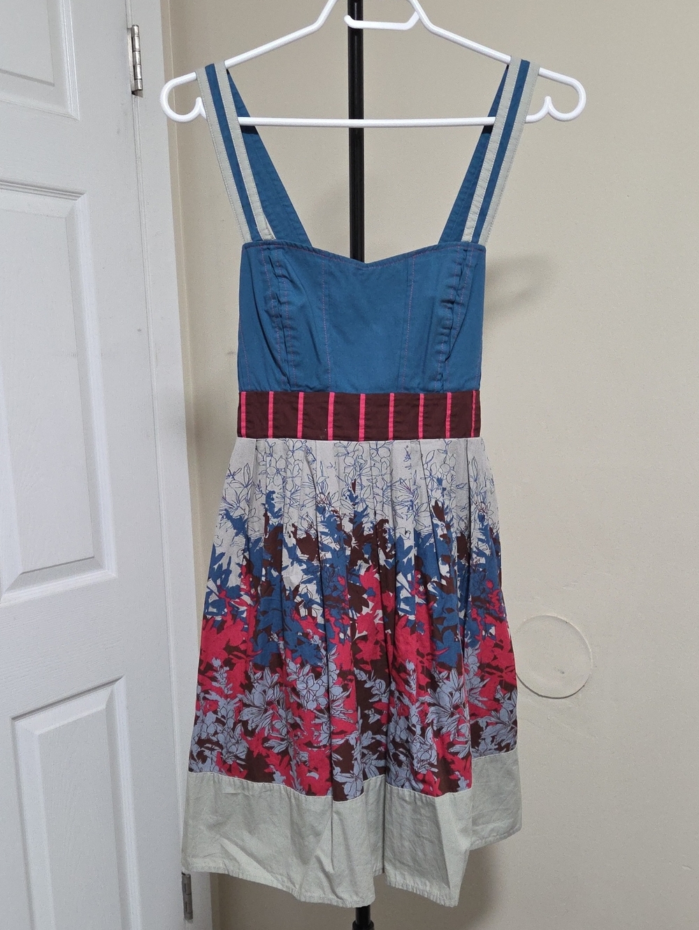 Kimchi Blue Blue Bodice Floral Sundress with Pink Waistband Accent